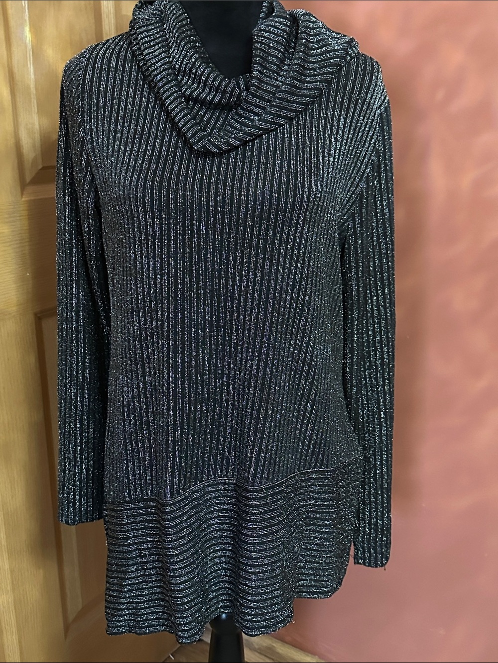 Belldini Black Metallic Ribbed Cowl Neck Tunic